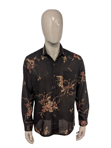 Vintage Hosma overhemd. Bruin Roze Bloemen print. Maat XL.