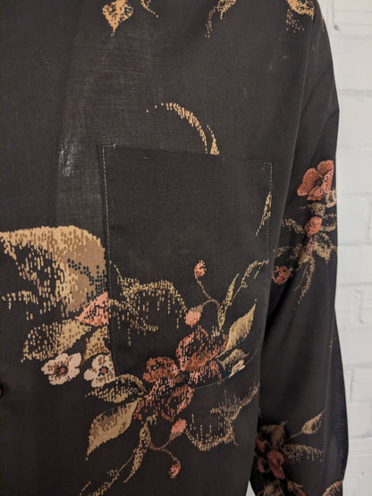 Vintage Hosma overhemd. Bruin Roze Bloemen print. Maat XL.