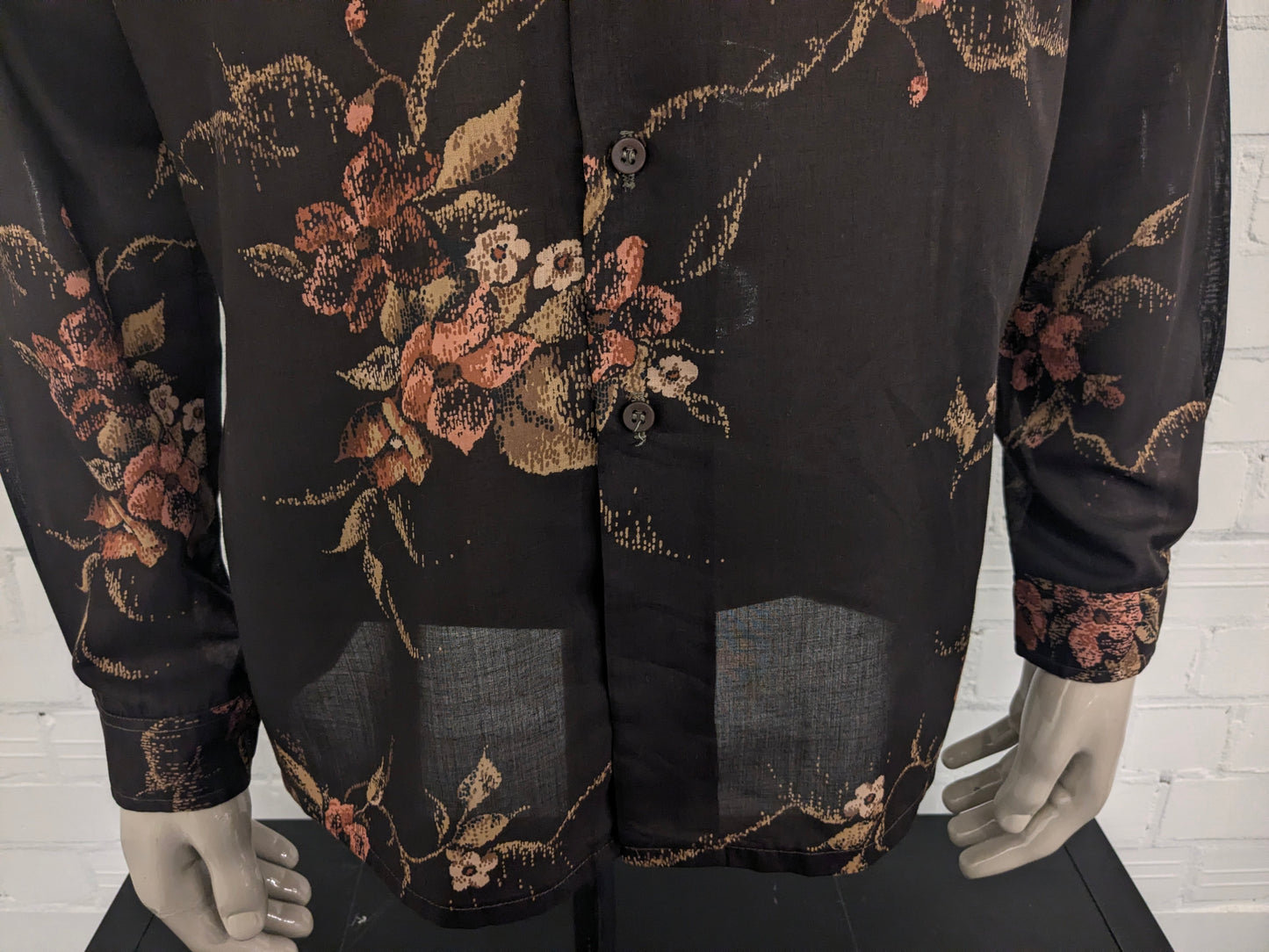 Vintage Hosma overhemd. Bruin Roze Bloemen print. Maat XL.