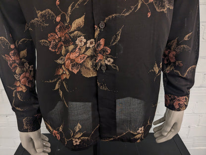 Vintage Hosma overhemd. Bruin Roze Bloemen print. Maat XL.
