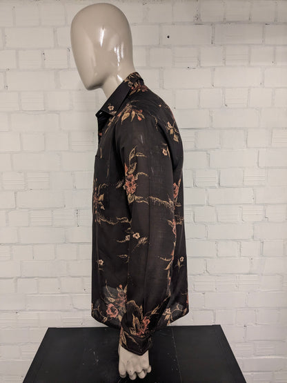 Vintage Hosma overhemd. Bruin Roze Bloemen print. Maat XL.