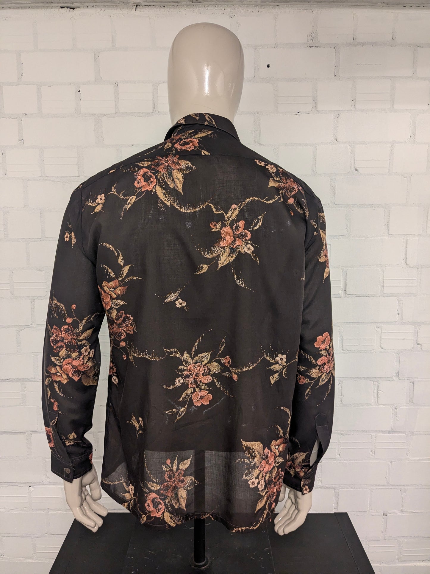 Vintage Hosma overhemd. Bruin Roze Bloemen print. Maat XL.