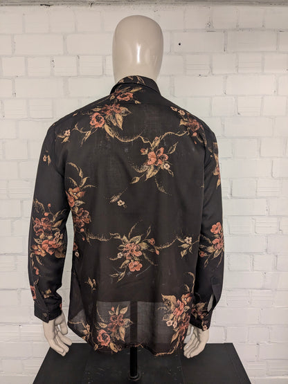Vintage Hosma overhemd. Bruin Roze Bloemen print. Maat XL.