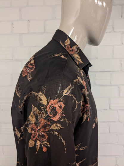 Vintage Hosma overhemd. Bruin Roze Bloemen print. Maat XL.
