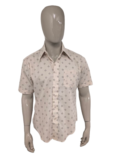 Vintage 70's Permanent Press overhemd met puntkraag en korte mouw. Beige Bruine print. Maat XL.