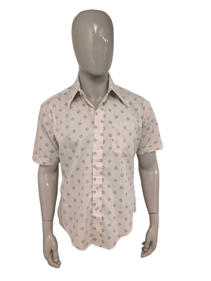 Vintage 70's Permanent Press overhemd met puntkraag en korte mouw. Beige Bruine print. Maat XL.