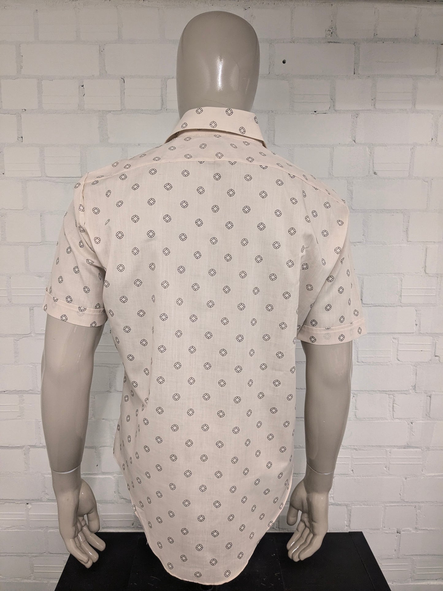 Vintage 70's Permanent Press overhemd met puntkraag en korte mouw. Beige Bruine print. Maat XL.