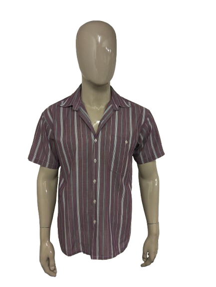 Vintage 70's Squire overhemd korte mouw. Paars Wit Groen gestreept. Maat L.