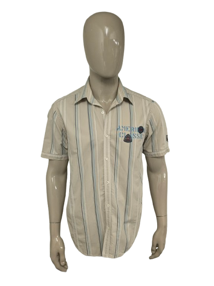 Vintage Pall Mall/PME Kurzarmhemd – beige/weiß/blau gestreift – Größe L