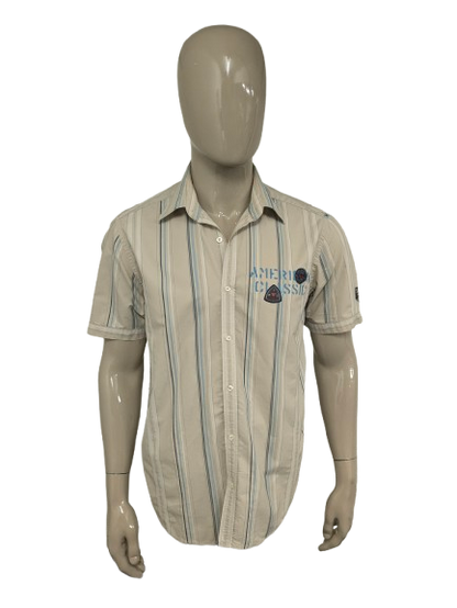 Vintage Pall Mall / PME overhemd korte mouw. Beige Wit Blauw gestreept. Maat L.