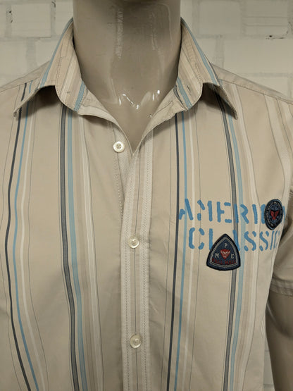Vintage Pall Mall / PME overhemd korte mouw. Beige Wit Blauw gestreept. Maat L.