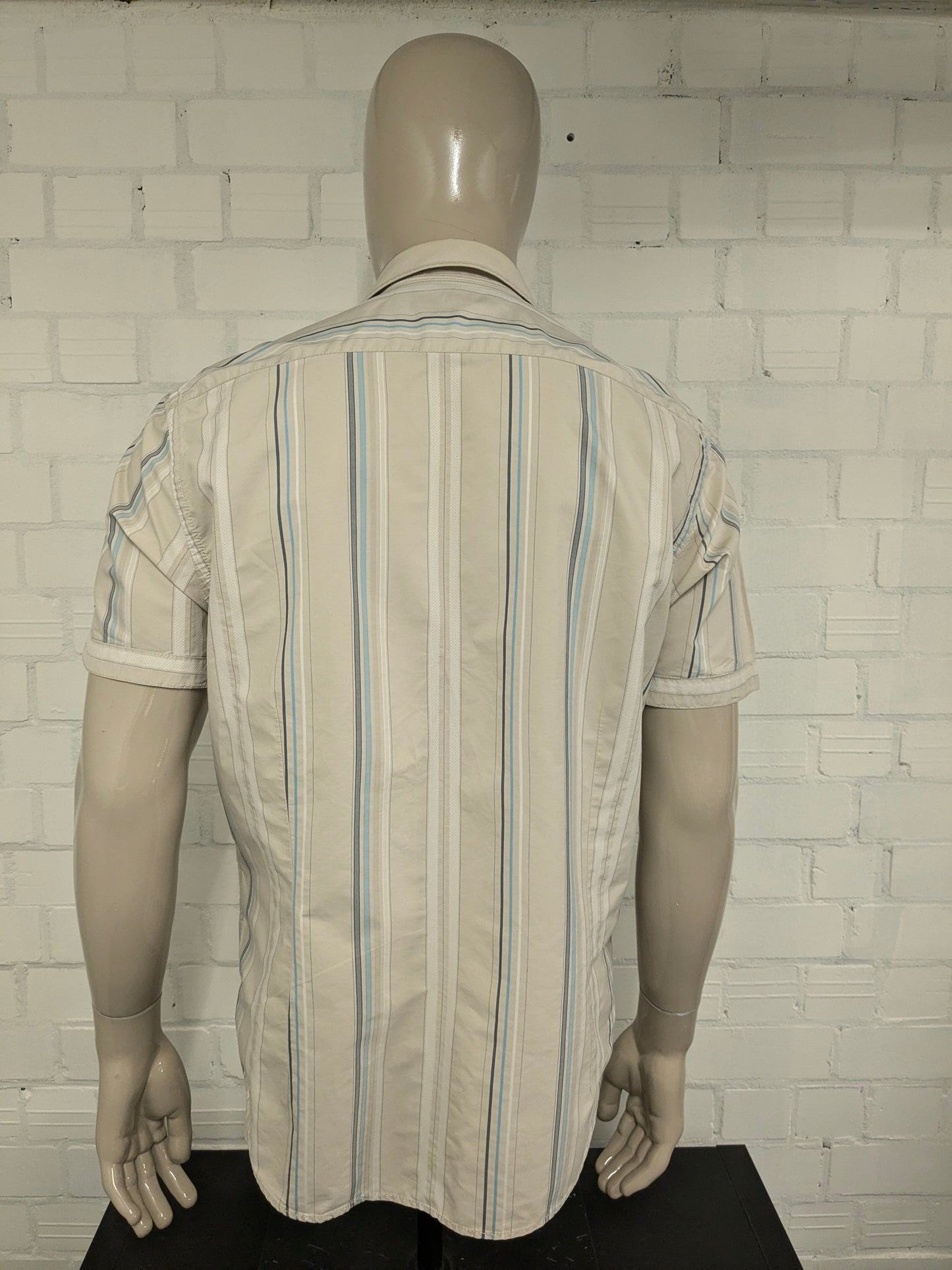 Vintage Pall Mall / PME overhemd korte mouw. Beige Wit Blauw gestreept. Maat L.