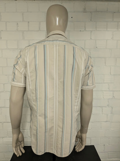 Vintage Pall Mall / PME overhemd korte mouw. Beige Wit Blauw gestreept. Maat L.