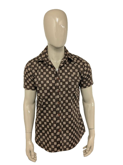 Vintage 70er Jahre P.Tarassis & Sons Kurzarmhemd mit spitzem Kragen. Braun-Beige-Druck. Größe L.