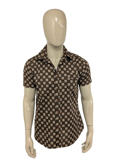 Vintage 70's P.Tarassis & Sons overhemd korte mouw met puntkraag. Bruin Beige print. Maat L.