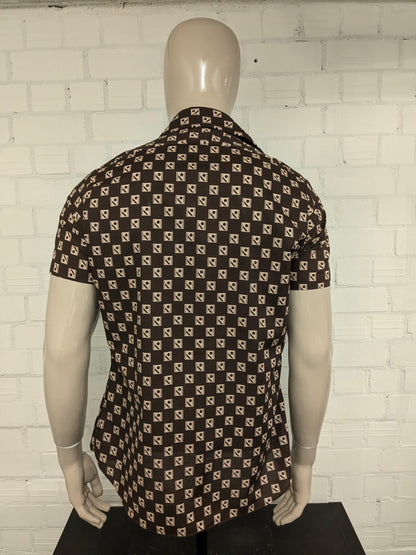 Vintage 70's P.Tarassis & Sons overhemd korte mouw met puntkraag. Bruin Beige print. Maat L.