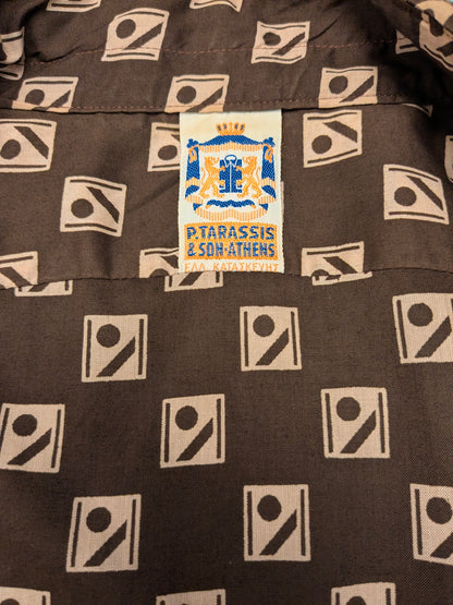 Vintage 70's P.Tarassis & Sons overhemd korte mouw met puntkraag. Bruin Beige print. Maat L.