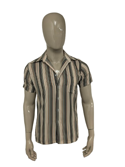 Vintage Adam Scott 70's style overhemd korte mouw. Beige Bruin gestreept. Maat M.