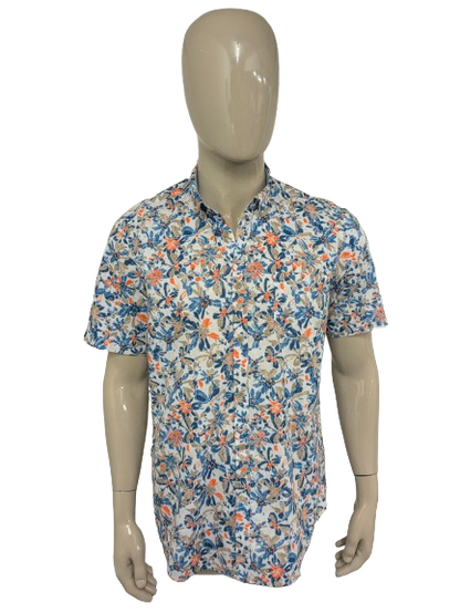 Lerros overhemd kort mouw. Blauw Oranje Bruine print. Maat L.