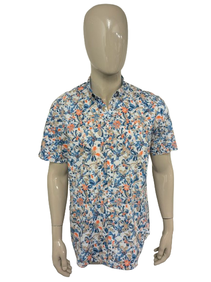 Lerros overhemd kort mouw. Blauw Oranje Bruine print. Maat L.