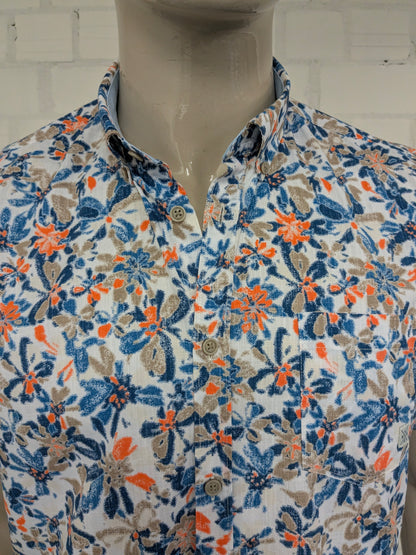 Lerros overhemd kort mouw. Blauw Oranje Bruine print. Maat L.