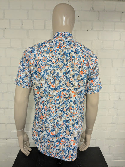 Lerros overhemd kort mouw. Blauw Oranje Bruine print. Maat L.