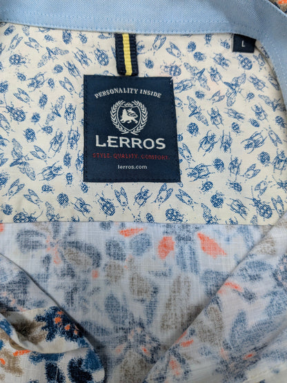 Lerros overhemd kort mouw. Blauw Oranje Bruine print. Maat L.