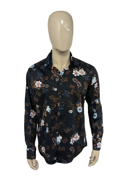 WAM Camisa clásica con cuello corto. Estampado floral marrón blanco azul. Talla XL.