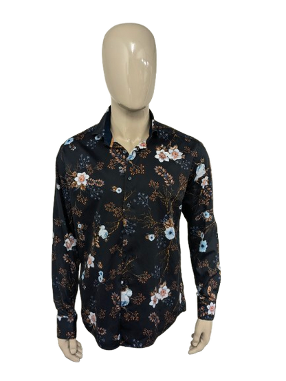 WAM Classic overhemd met korte kraag. Bruin Wit Blauwe Bloemen print. Maat XL.