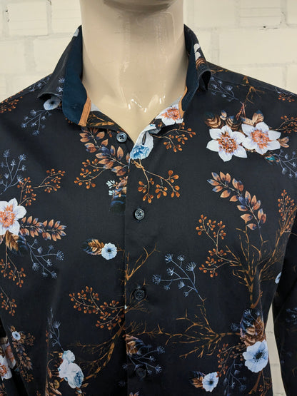 WAM Classic overhemd met korte kraag. Bruin Wit Blauwe Bloemen print. Maat XL.