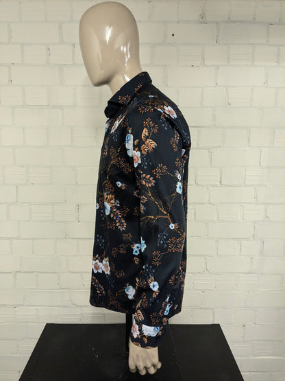 WAM Classic overhemd met korte kraag. Bruin Wit Blauwe Bloemen print. Maat XL.