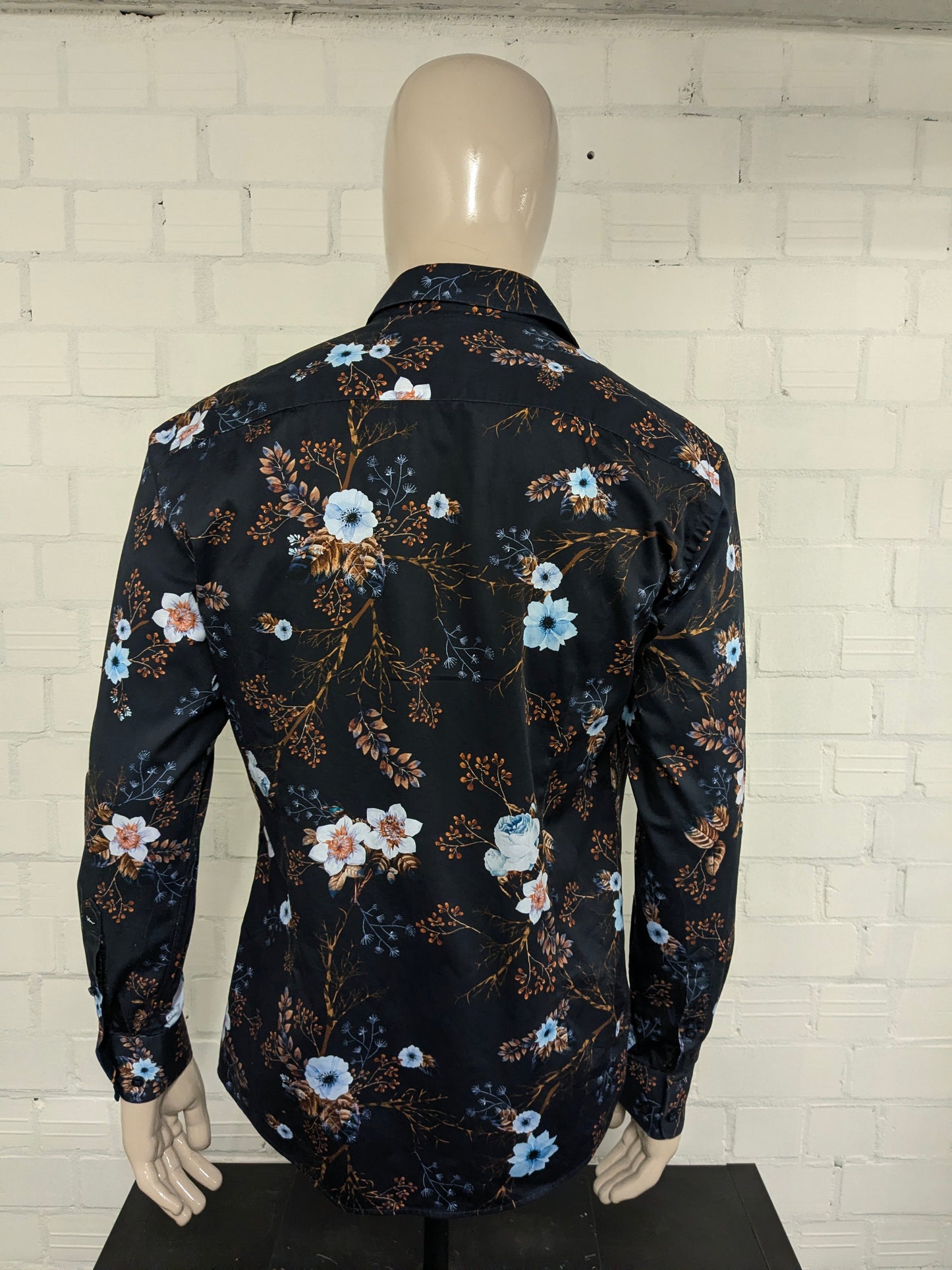 WAM Classic overhemd met korte kraag. Bruin Wit Blauwe Bloemen print. Maat XL.