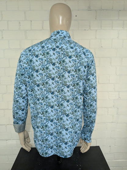 State of Art overhemd. Blauw Groen Bloemen print. Maat L. regular fit.