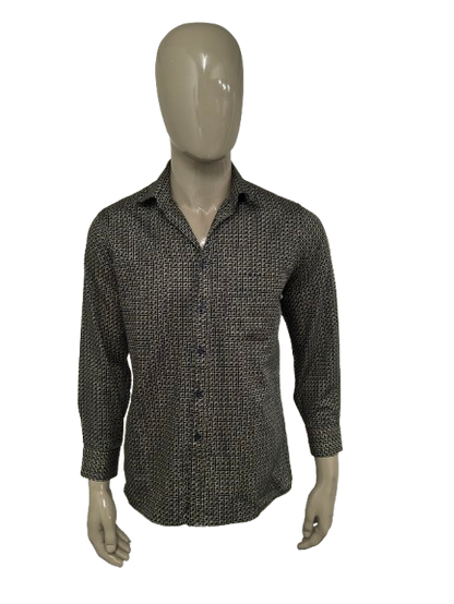 Vintage Mirto overhemd. Zwart Beige print. Maat M.