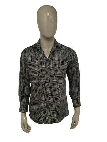 Vintage Mirto overhemd. Zwart Beige print. Maat M.