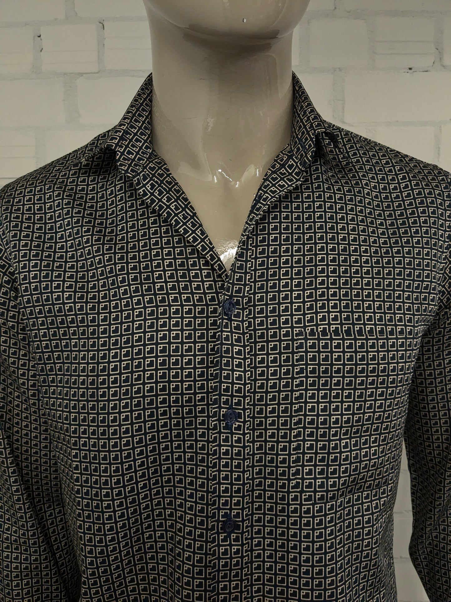 Vintage Mirto overhemd. Zwart Beige print. Maat M.