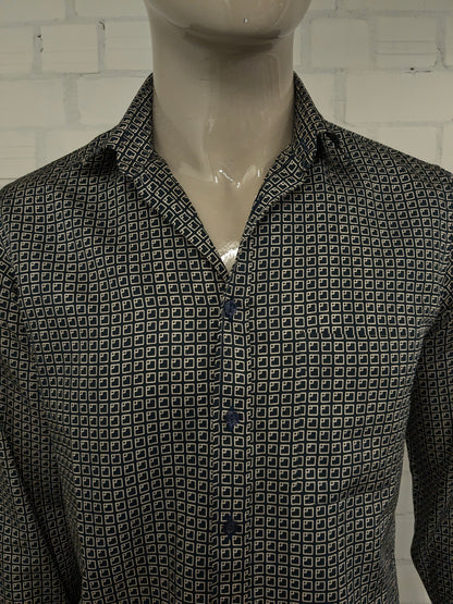 Vintage Mirto overhemd. Zwart Beige print. Maat M.
