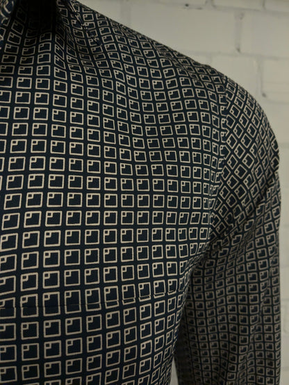 Vintage Mirto overhemd. Zwart Beige print. Maat M.