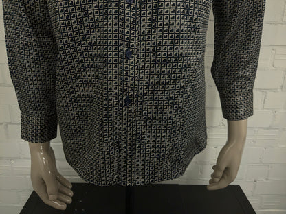 Vintage Mirto overhemd. Zwart Beige print. Maat M.