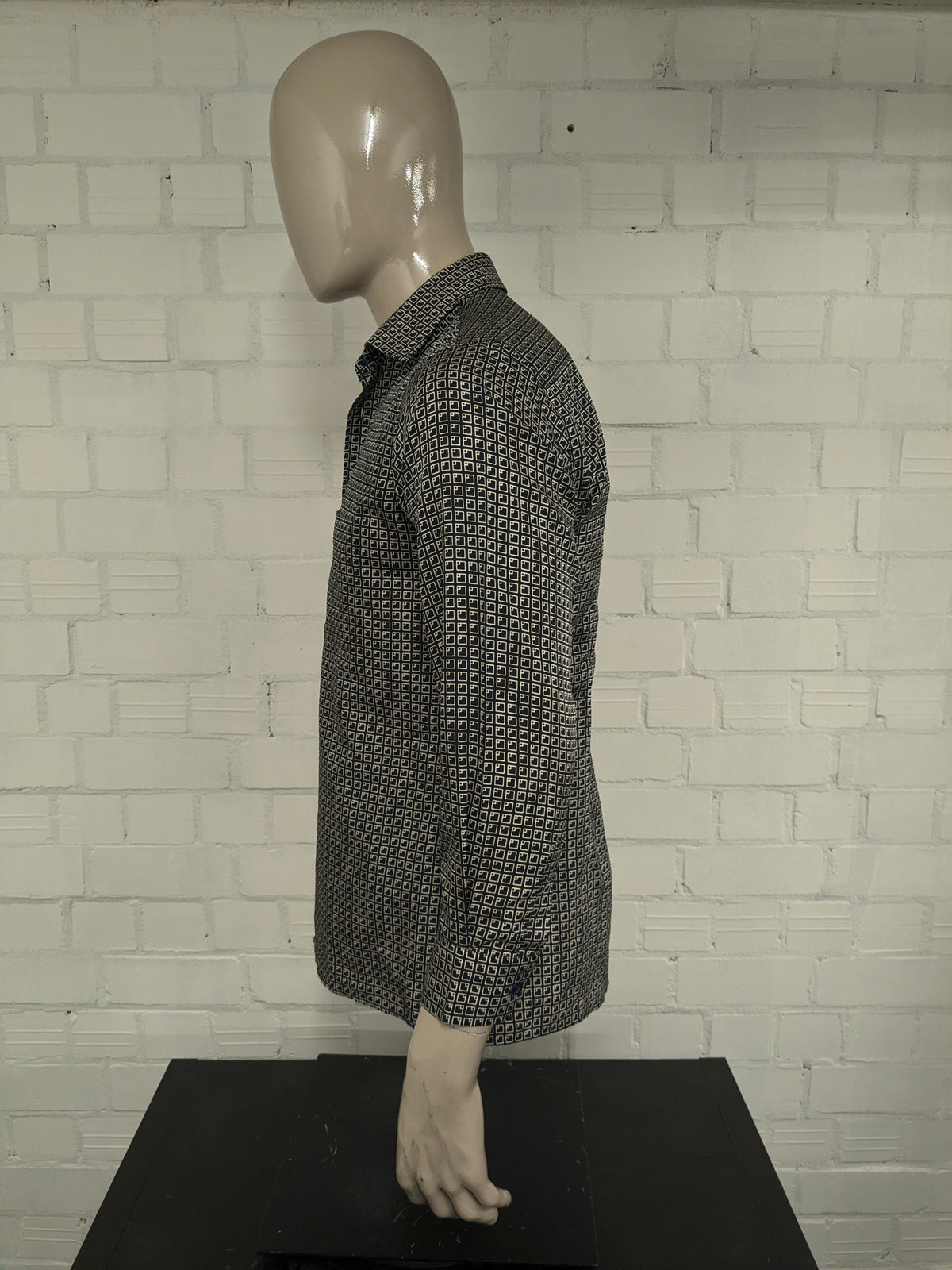 Vintage Mirto overhemd. Zwart Beige print. Maat M.