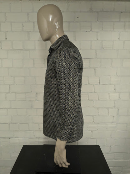 Vintage Mirto overhemd. Zwart Beige print. Maat M.
