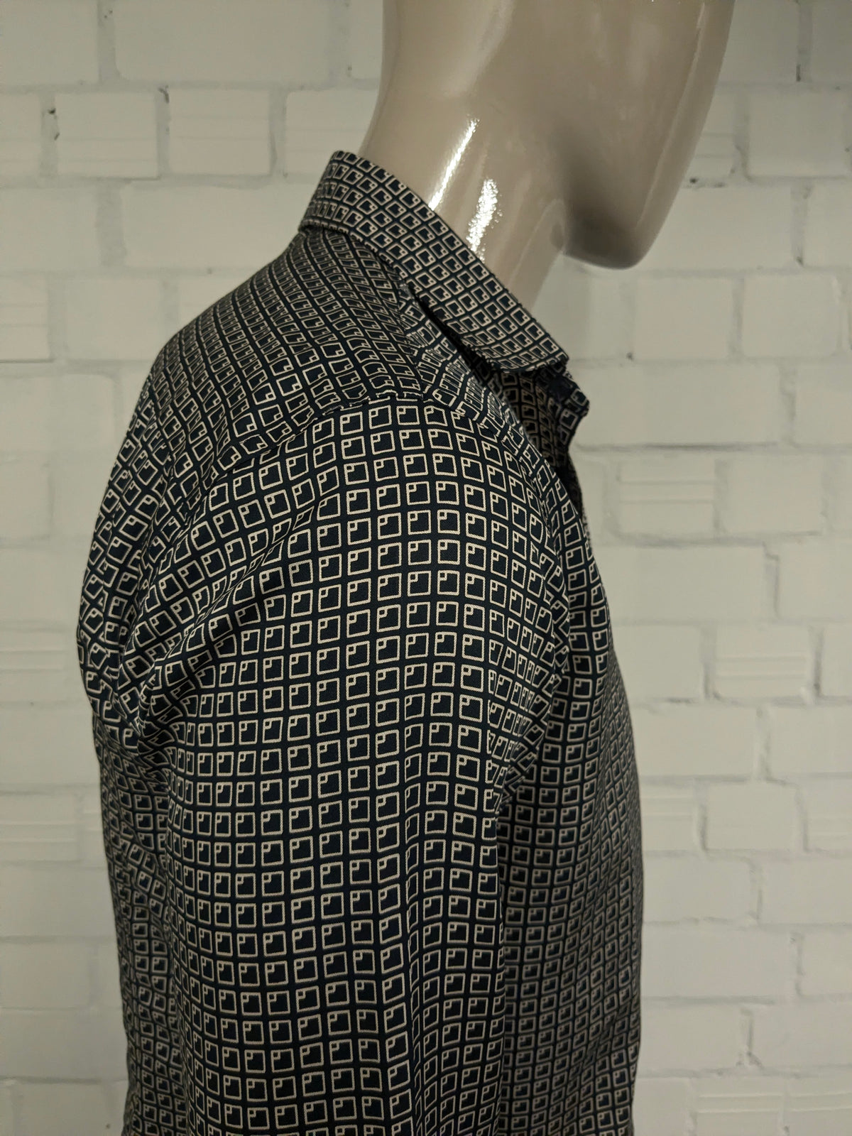Vintage Mirto overhemd. Zwart Beige print. Maat M.