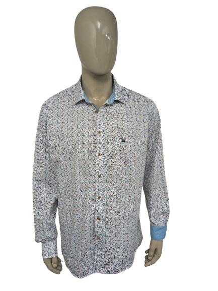 Dansaert Blaues Hemd. Orange-blau-brauner Blumendruck. Größe 2XL / XXL. normale Passform.
