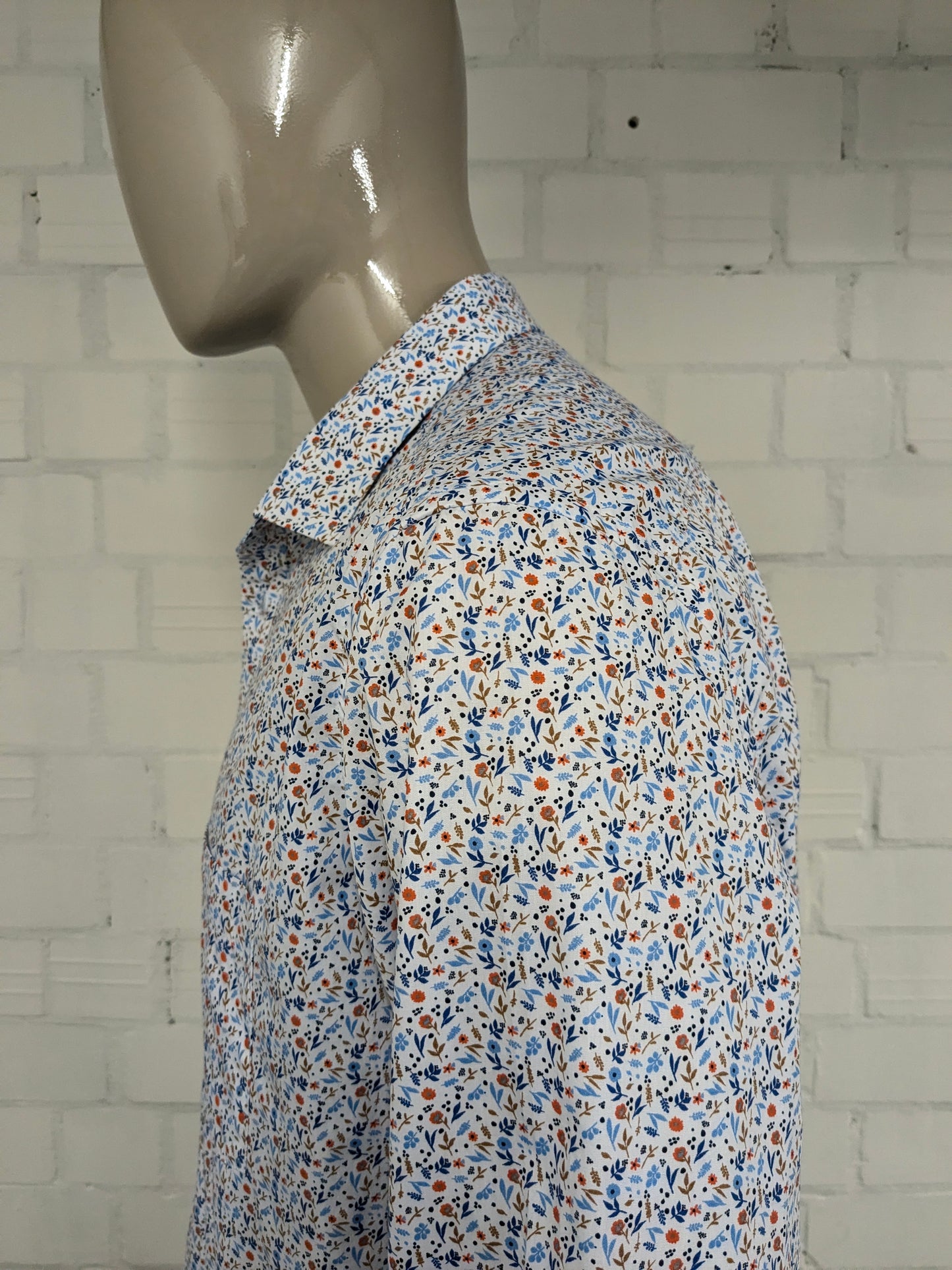 Dansaert Blue overhemd. Oranje Blauw Bruine Bloemen print. Maat 2XL / XXL. regular fit.