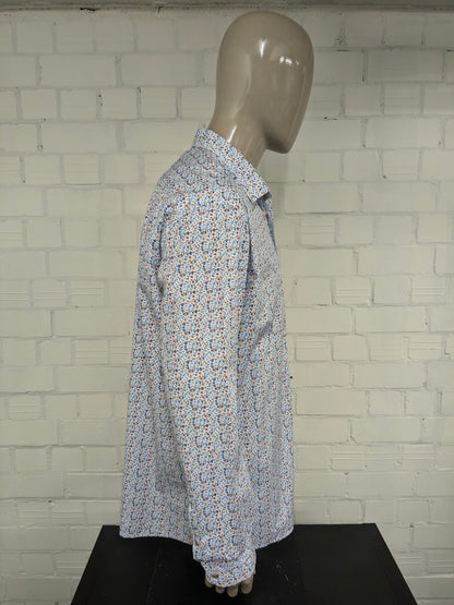 Dansaert Blue overhemd. Oranje Blauw Bruine Bloemen print. Maat 2XL / XXL. regular fit.