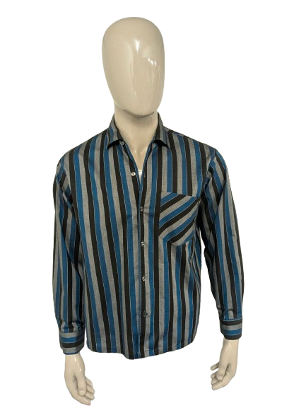 Vintage Bel-O-Fast overhemd. Blauw Grijs Zwart gestreept. Maat L.