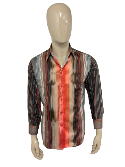 Vintage 70's Gloweave overhemd met puntkraag. Bruin Beige Rood gestreept. Maat L.