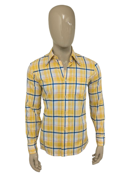Vintage 70's Harryland overhemd met puntkraag. Geel Blauw Rood geruit. Maat M.