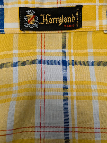 Vintage 70er Harryland-Hemd mit spitzem Kragen. Gelb Blau Rot kariert. Größe M.