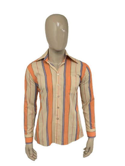 Vintage 70's Scala overhemd met puntkraag. Oranje Beige Paars Roze gestreept. Maat M.
